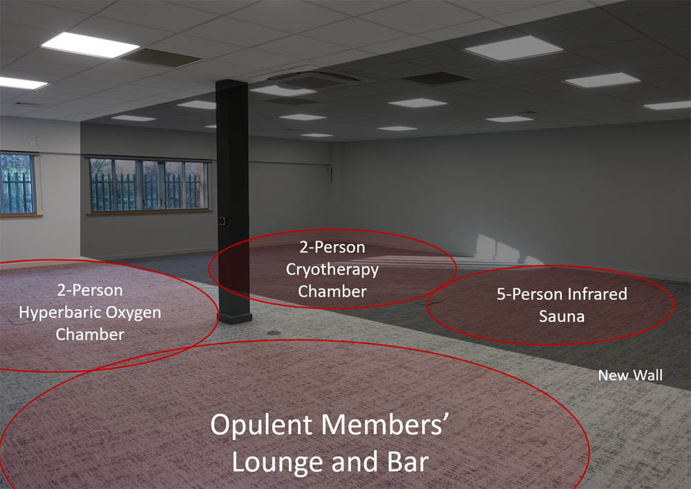 Future positions of: hyperbaric oxygen chamber, cryotherapy chamber, 5-person infrared sauna and members' lounge