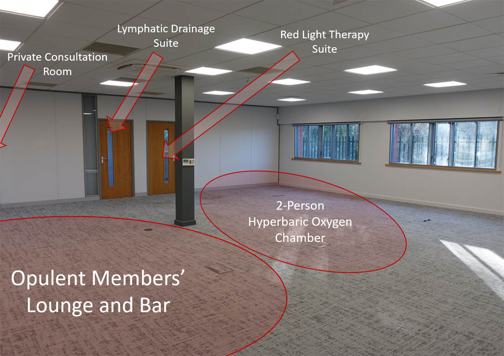 Future positions of: hyperbaric oxygen chamber, members' lounge and the doors to the red light therapy suite, lymphatic drainage suite and private consultation room