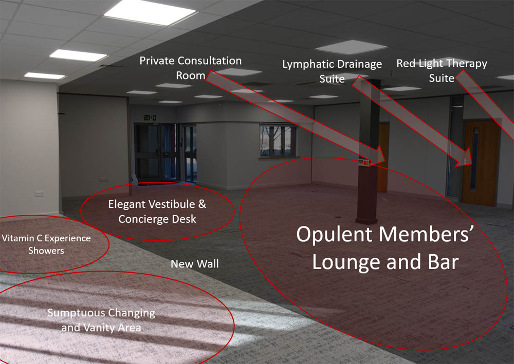 Future positions of: members' lounge, entrance vestibule and concierge desk, vitamin showers and fabulous changing area and the doors to the red light therapy suite, lymphatic drainage suite and private consultation room