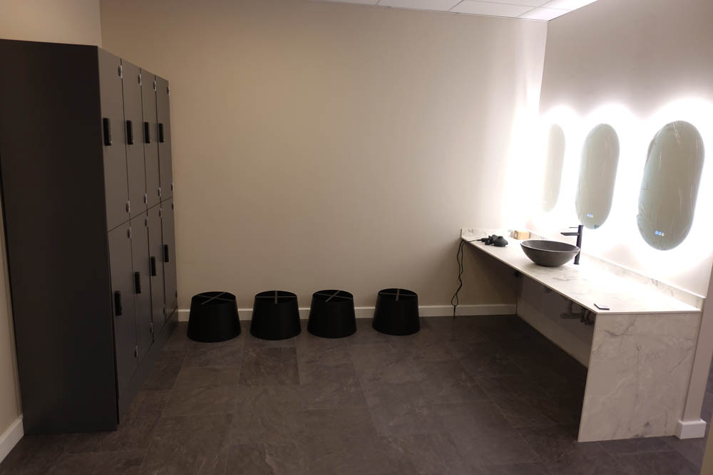 The lockers in place - Will has taken the tops of the stools to be upholstered with water and mascara-proof fabric