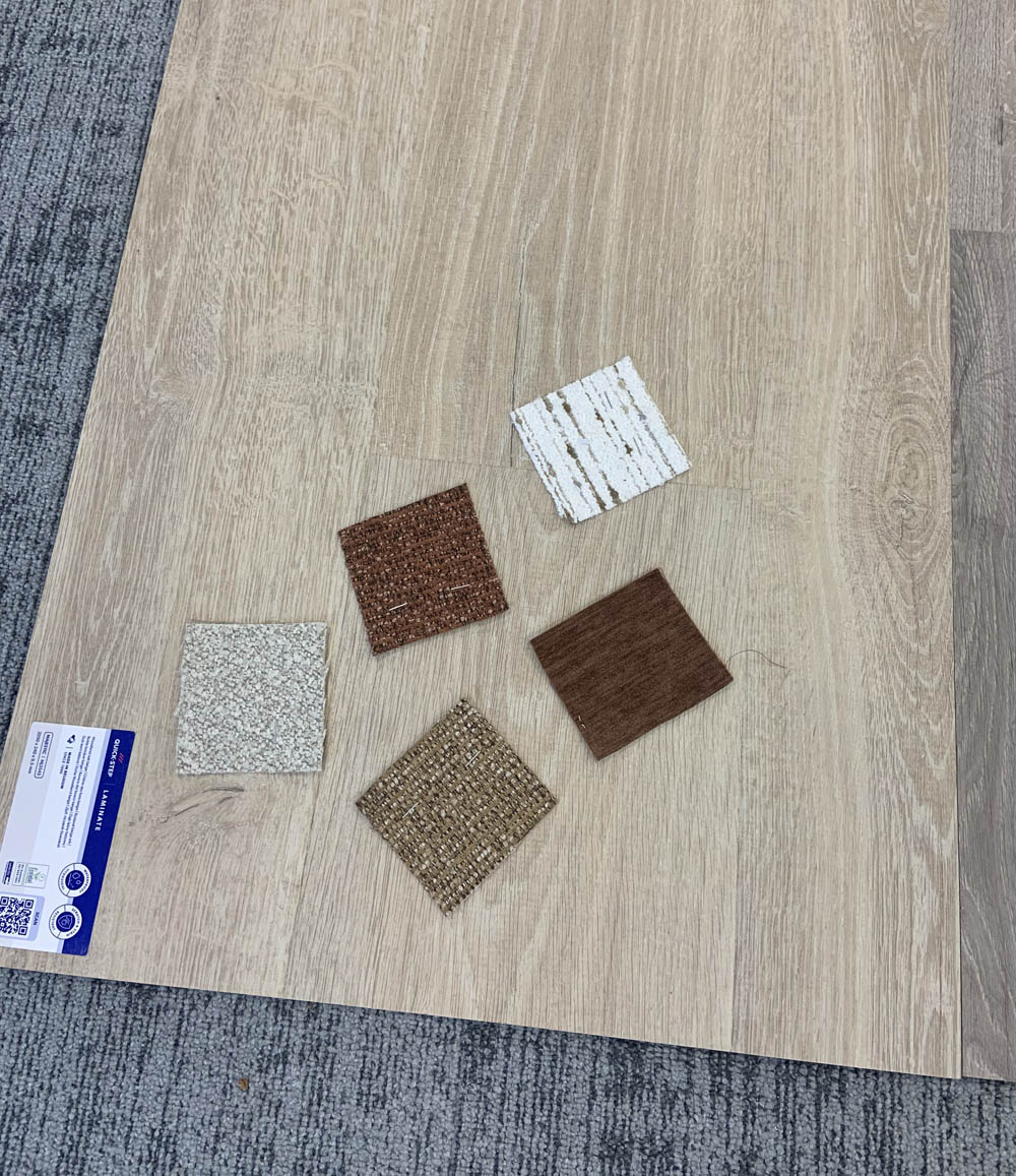 Lounge area flooring with the swatches for the Laing and Eimil furniture
